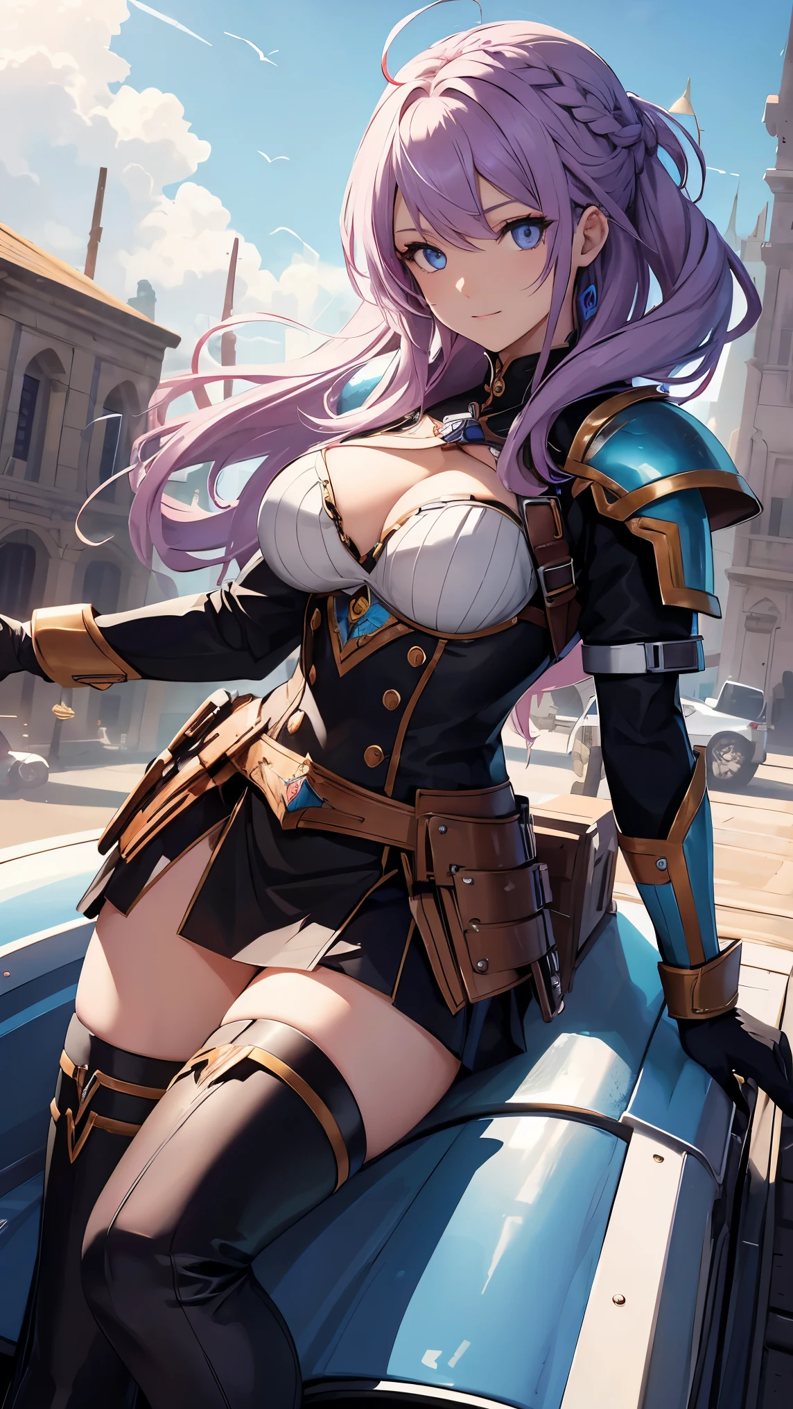 Woman 1, multi-colored hair, french braid, multi-colored eyes, chest armor, metal skirt, leather gloves, on the roof of a flying magic vehicle, high detail, best quality, high quality background
