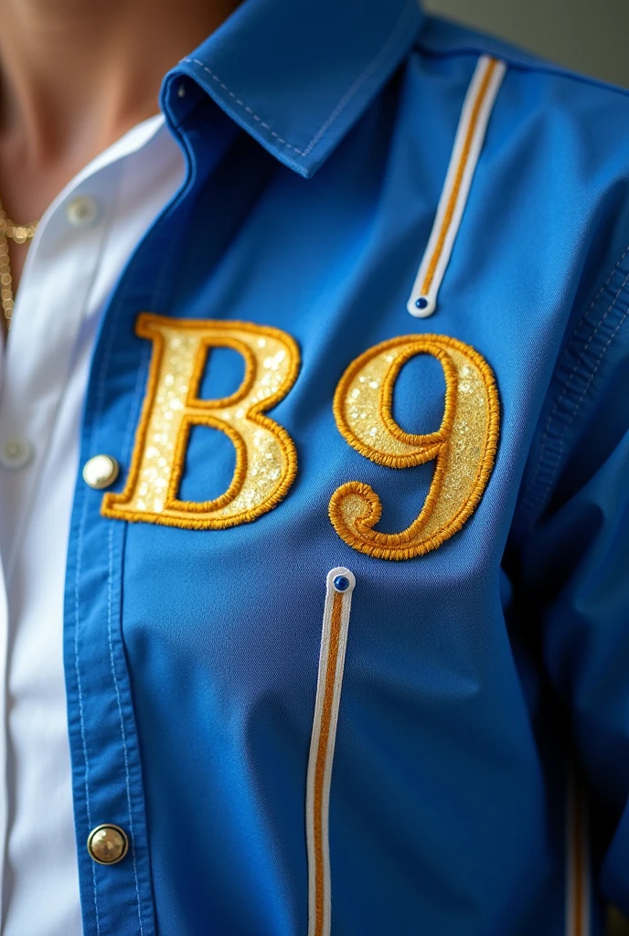 Blue and white shirt with gold embroidery saying B9