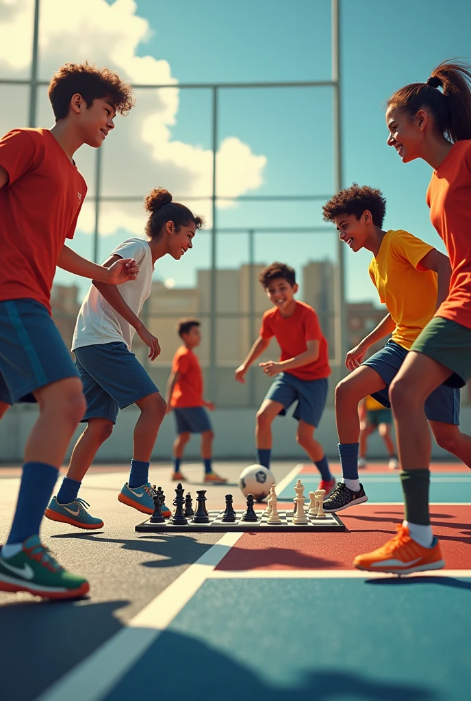 Create an image of agers on a futsal court and playing chess.