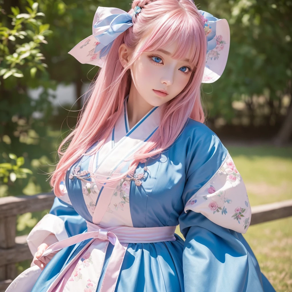 (finely detailed beautiful eyes and detailed face,masterpiece sidelighting,masterpiece,Highest quality,detailed,High resolution illustrations),, (One girl,whole body,beautiful girl,Shiny skin,Looking down,View your viewers),, (Pink Hair,blue eyes,ribbon,Hanbok, korean clothing), (Dressed_Underbust:1.2),Underbust,