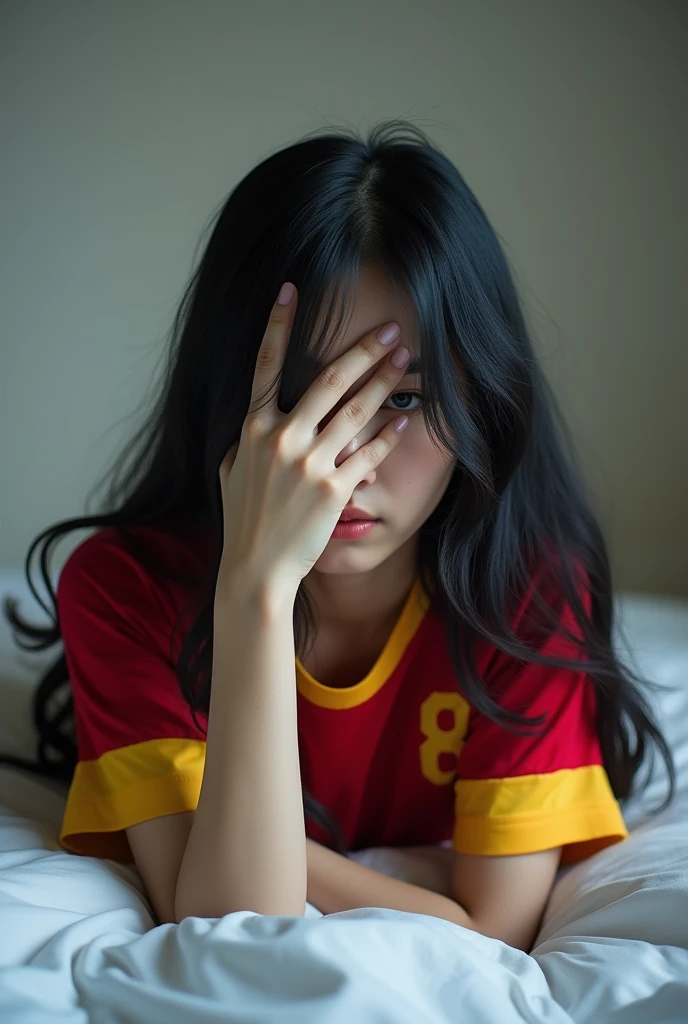 Black-haired Asian girl lying on a bed looking in front of the camera, wearing a Venezuelan (vinotinto shirt) soccer team shirt, with 8 number, black hair, she covering her face with her hand, pale, and long hair, showing the shirt