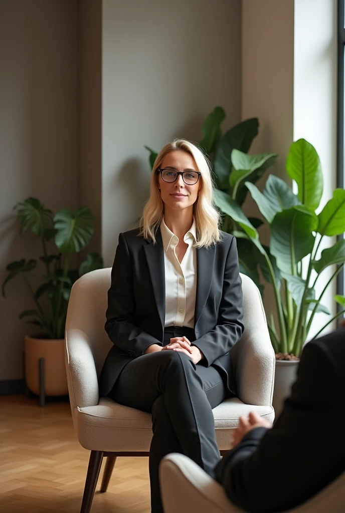 Create an image of a psychology office with a name sign "Mussoi Psychology". The environment is chic and has a comfortable armchair for the psychologist and another for the patient.. There is a stylish plant in the background.
The psychologist is a 45-year-old blonde woman, green-eyed, with shoulder length hair. she wears glasses, is wearing a suit and is sitting in the armchair, attending to a patient whose face is not visible.