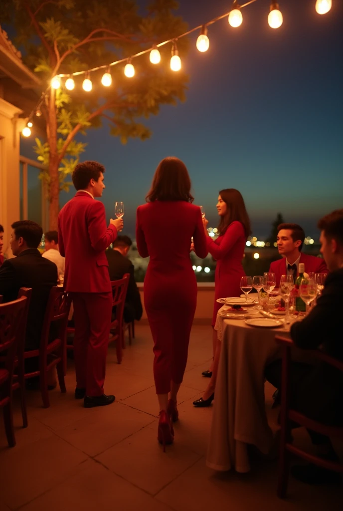 80s style,A group of fashionable people,Chinese,Parties,In the villa garden,On the rooftop,Night,evening,reunion,Reception,wine,Wine glass close-up,Wine Tasting,Suit,High heel(Rich details),(Best quality),Film Style