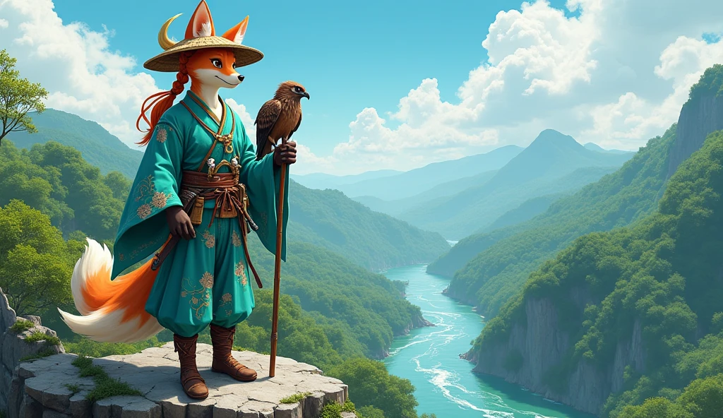 A full-body, panoramic view of a fox-like humanoid character standing confidently on a rocky outcrop. The character is dressed in traditional Japanese-inspired clothing, featuring a vibrant teal kimono with intricate floral patterns, a wide belt with two katanas, and a hat adorned with a fox skull and horns. The character has braided hair and holds a staff in one hand, while a majestic hawk perches on the other. In the background, a lush, dense forest stretches out, with a river winding through it in the distance, all under a clear, bright sky. The scene captures a sense of adventure and connection with nature.