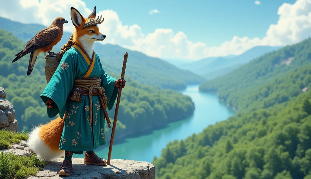 A full-body, panoramic view of a fox-like humanoid character standing confidently on a rocky outcrop. The character is dressed in traditional Japanese-inspired clothing, featuring a vibrant teal kimono with intricate floral patterns, a wide belt with two katanas, and a hat adorned with a fox skull and horns. The character has braided hair and holds a staff in one hand, while a majestic hawk perches on the other. In the background, a lush, dense forest stretches out, with a river winding through it in the distance, all under a clear, bright sky. The scene captures a sense of adventure and connection with nature.