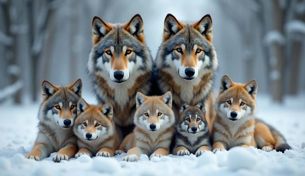 a hyper-realistic, photorealistic image of a stunning wolf family. The family includes a majestic father wolf, a graceful mother wolf, and 5 diferent wolf pups of various ages (each one in diferent sizes). Each wolf displays unique colors and fur patterns, They are all calmly gazing at the viewer, embodying a sense of tranquility and strength. The background features a softly blurred snowy forest, adding depth and a serene atmosphere. The wolves' fur is remarkably beautiful, capturing their natural elegance and power
