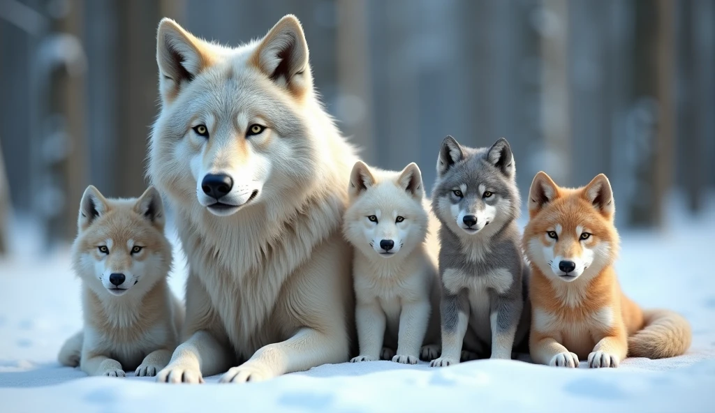 a hyper-realistic, photorealistic image of a stunning wolf family. The family includes a majestic father wolf, a graceful mother wolf, and 5 diferent wolf pups of various ages (each one in diferent sizes). Each wolf displays unique colors and fur patterns, They are all calmly gazing at the viewer, embodying a sense of tranquility and strength. The background features a softly blurred snowy forest, adding depth and a serene atmosphere. The wolves' fur is remarkably beautiful, capturing their natural elegance and power
