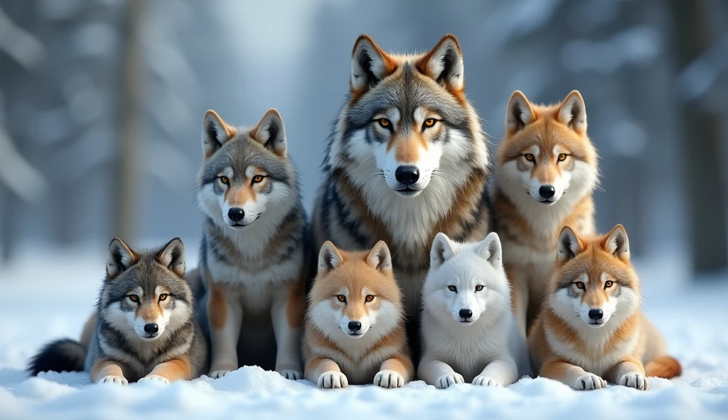 a hyper-realistic, photorealistic image of a stunning wolf family. The family includes a majestic father wolf, a graceful mother wolf, and 5 diferent wolf pups of various ages (each one in diferent sizes). Each wolf displays unique colors and fur patterns, They are all calmly gazing at the viewer, embodying a sense of tranquility and strength. The background features a softly blurred snowy forest, adding depth and a serene atmosphere. The wolves' fur is remarkably beautiful, capturing their natural elegance and power
