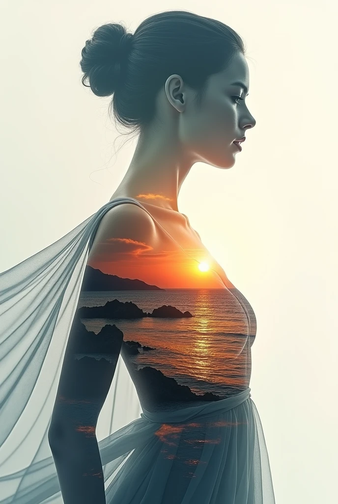high quality, 8K Ultra HD, A beautiful double exposure that combines an goddess silhouette with sunset coast, sunset coast should serve as the underlying backdrop, with its details incorporated into the goddess , crisp lines, The background is monochrome, sharp focus, double exposure, by yukisakura, awesome full color,