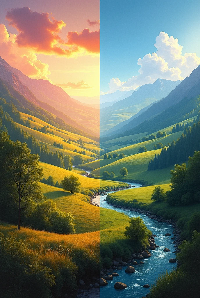 Landscape with warm colors and another with cold colors but it is the same