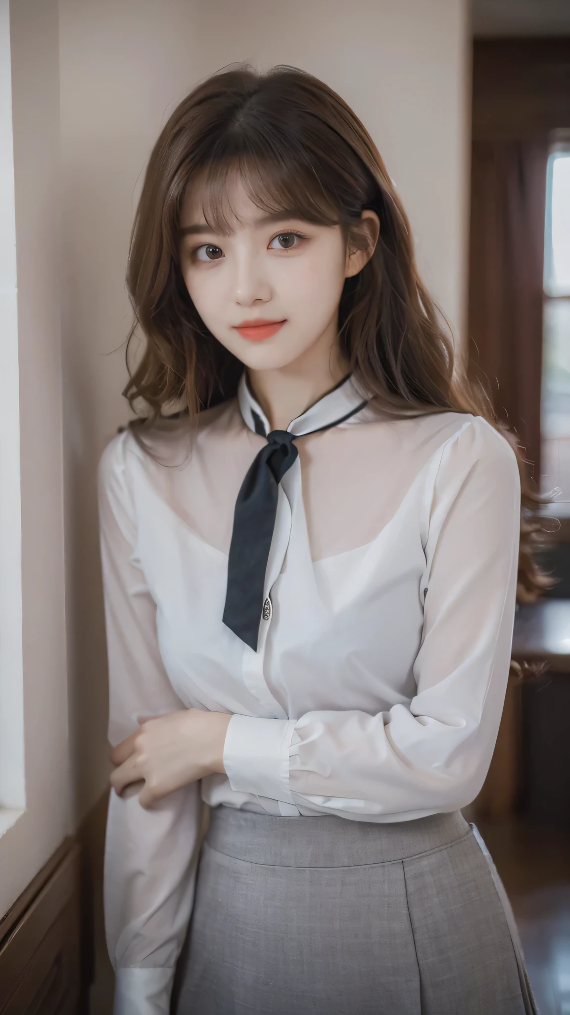 detailed background, masterpiece, best quality, 1 person , curly hair, long hair, purple eyes, star in eye , grey blouse, long skirt, grey , grey blouse , beautiful bow, detailed bow,