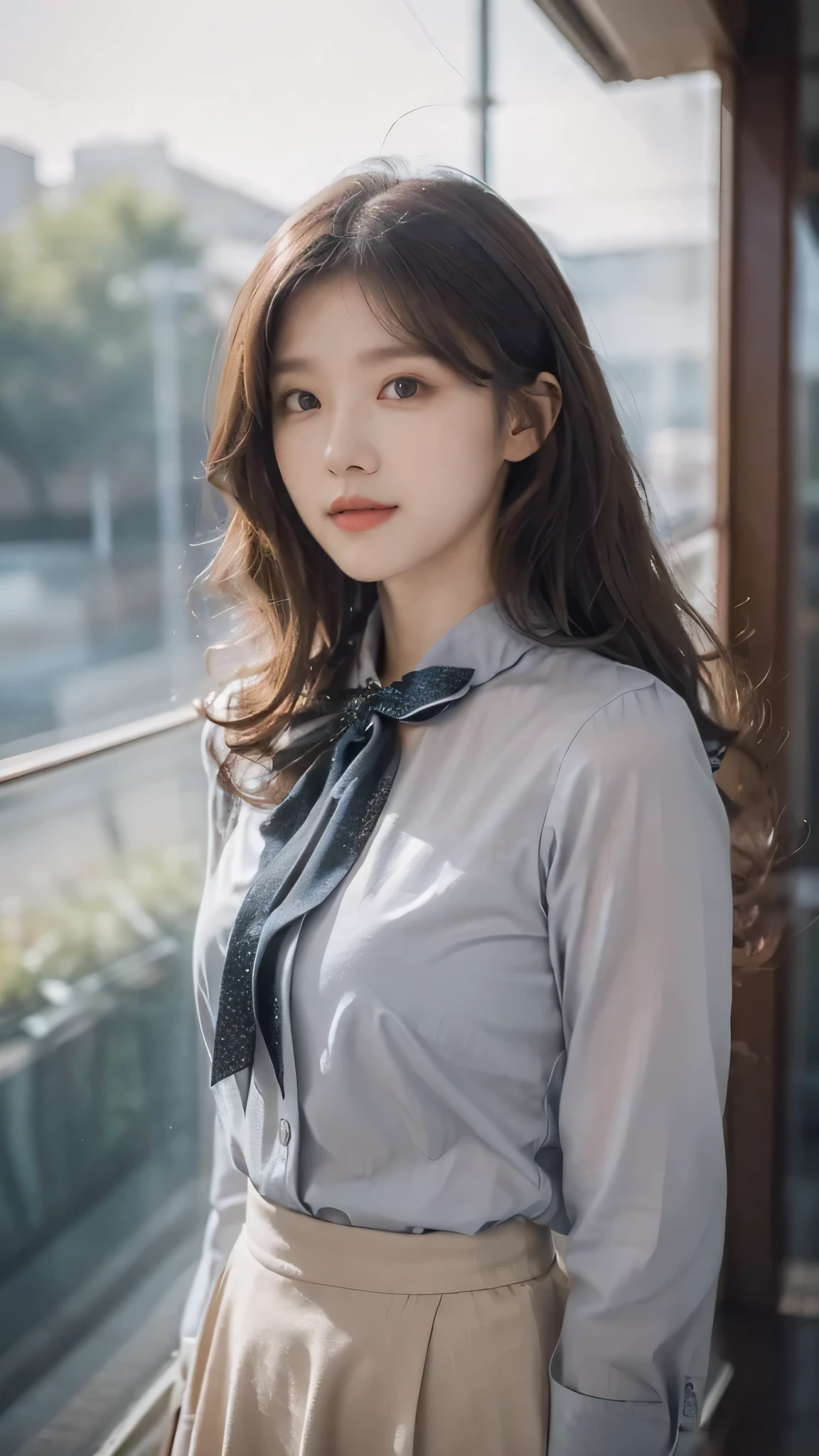 detailed background, masterpiece, best quality, 1 person , curly hair, long hair, purple eyes, star in eye , grey blouse, long skirt, grey , grey blouse , beautiful bow, detailed bow,