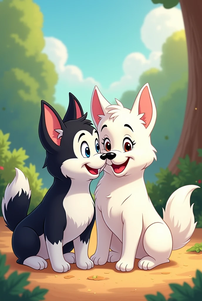 cartoon, Disney, two dogs, husky, first is white, second is black and white