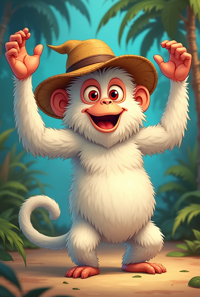 Make an adult monkey with a straw hat and white fur, curly white hair, Red eyes, and which has the power to stretch, in classic cartoon style