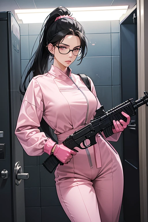 A mature woman with glasses and black hair tied up in a ponytail is wearing large pink rubber gloves, a white cloth wrapped around her head, a blue long-sleeved jumpsuit, and a submachine gun in the bathroom.
