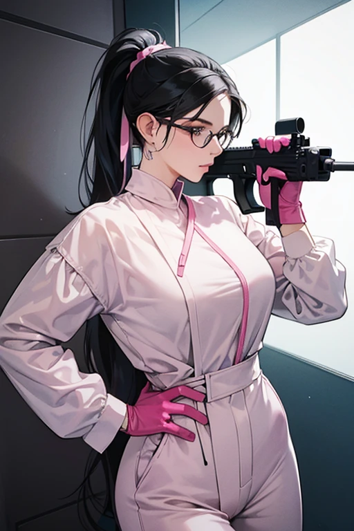 A mature woman with glasses and black hair tied up in a ponytail is wearing large pink rubber gloves, a white cloth wrapped around her head, a blue long-sleeved jumpsuit, and a submachine gun in the bathroom.