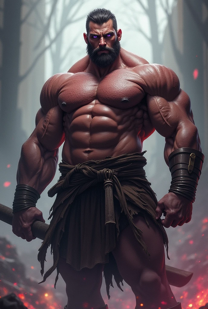 muscle、male、male、Strong、Thick arms、Thick Chest、Massive abdominal muscles、Minimal costumes、loincloth、Warrior、carpenter、blush、Sweat、Heavy breathing、dim eyes、first round、Controlled thinking、Coat of arms、Submissive appearance、Purple glowing eyes。