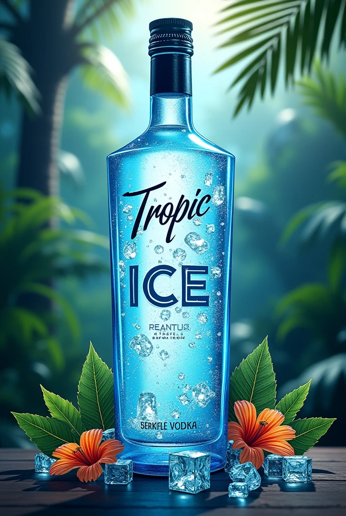 Create a logo for a beverage company called Tropic Ice, with the words Tropic Ice and a bottle of vodka