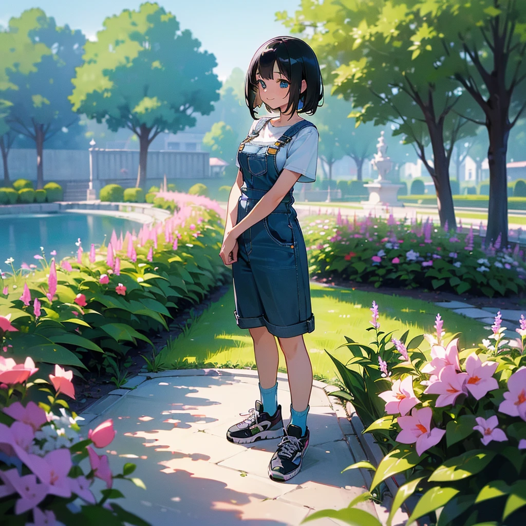 (high quality, High resolution, Very detailed, reality:1.37), Peaceful atmosphere, (Outdoor, garden), Teenage girl standing alone, (my breasts are big.), Beautiful details, Cute Smile, (Black bob hair), Short sleeve shirt, Overalls, Blue socks, sneakers.