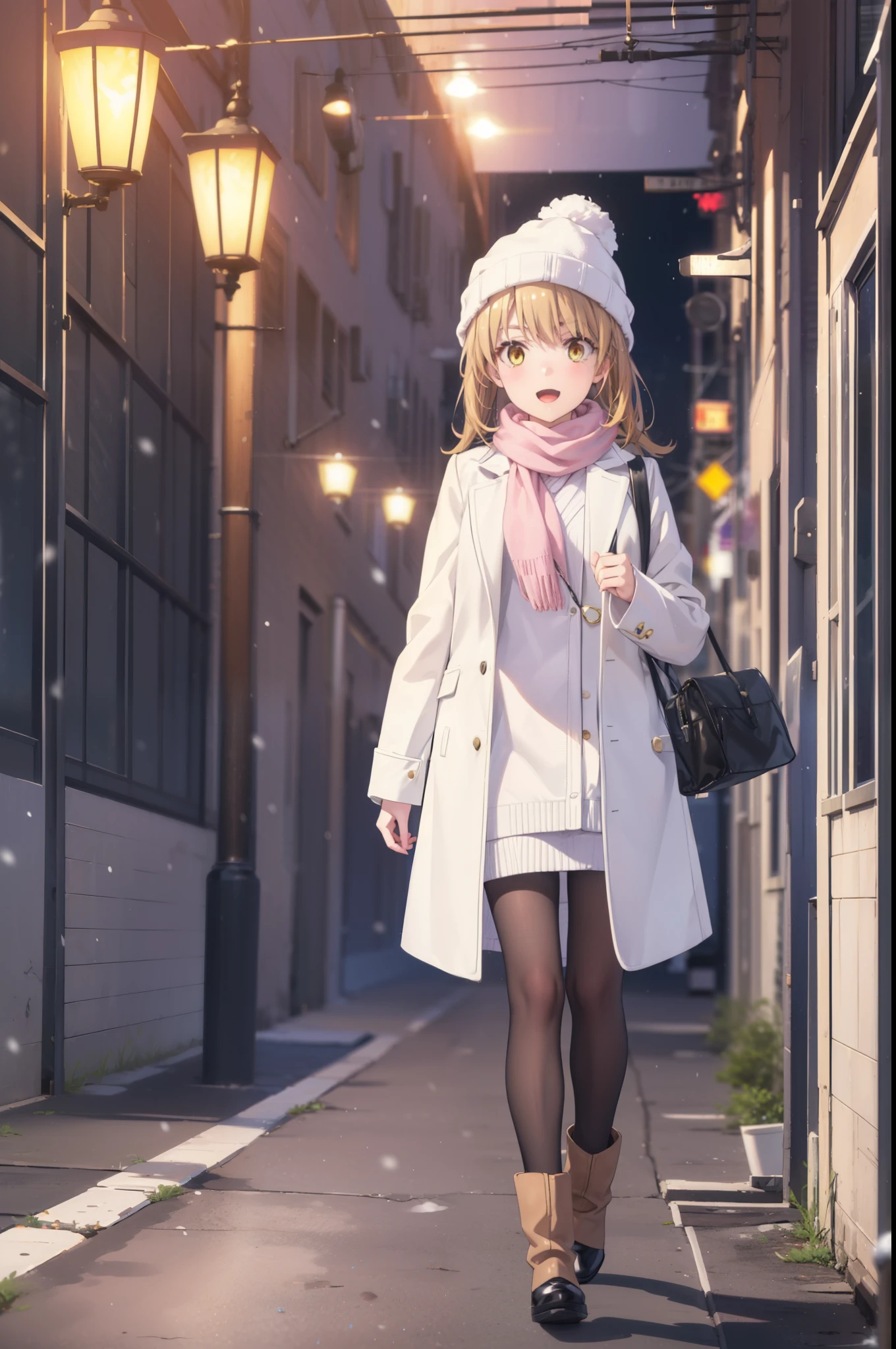 Irohaisshiki, isshiki iroha, Long Hair, Brown Hair, (Brown eyes:1.5), smile,Open your mouth,White Breath,low twin tail,Knitted hat,White scarf,Yellow long coat Open front,Pink v-neck sweater,Short denim,Black pantyhose,short boots,Walking,snowが降っている,snowが積もっている,moon,night,snow,snow,snow,snow,whole bodyがイラストに入るように, break outdoors, Building district,
break looking at viewer,whole body,
break (masterpiece:1.2), Highest quality, High resolution, unity 8k wallpaper, (figure:0.8), (Beautiful attention to detail:1.6), Highly detailed face, Perfect lighting, Highly detailed CG, (Perfect hands, Perfect Anatomy),