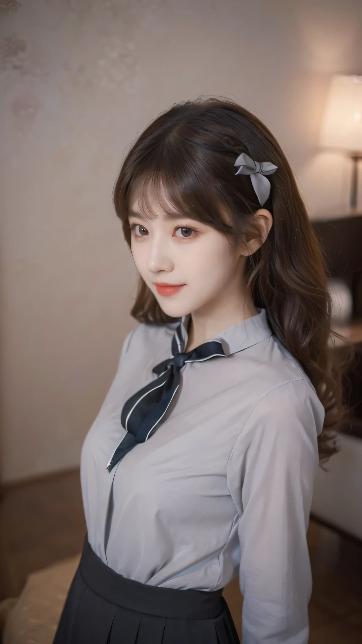 detailed background, masterpiece, best quality, 1 person , curly hair, long hair, purple eyes, star in eye , grey blouse, long skirt, grey , grey blouse , beautiful bow, detailed bow,