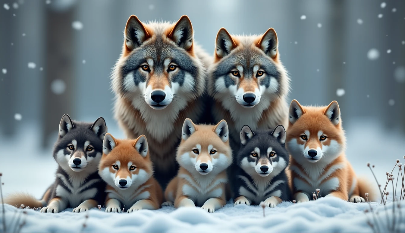 a hyper-realistic, photorealistic image of a stunning wolf family. The family includes a majestic father wolf, a graceful mother wolf, and 5 diferent wolf pups of various ages (each one in diferent sizes). Each wolf displays unique colors and fur patterns, They are all calmly gazing at the viewer, embodying a sense of tranquility and strength. The background features a softly blurred snowy forest, adding depth and a serene atmosphere. The wolves' fur is remarkably beautiful, capturing their natural elegance and power