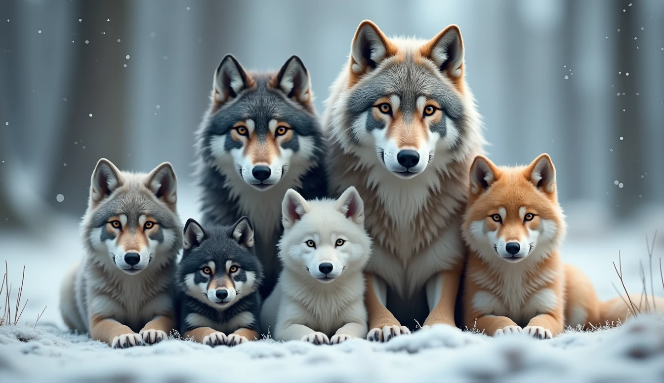 a hyper-realistic, photorealistic image of a stunning wolf family. The family includes a majestic father wolf, a graceful mother wolf, and 5 diferent wolf pups of various ages (each one in diferent sizes). Each wolf displays unique colors and fur patterns, They are all calmly gazing at the viewer, embodying a sense of tranquility and strength. The background features a softly blurred snowy forest, adding depth and a serene atmosphere. The wolves' fur is remarkably beautiful, capturing their natural elegance and power