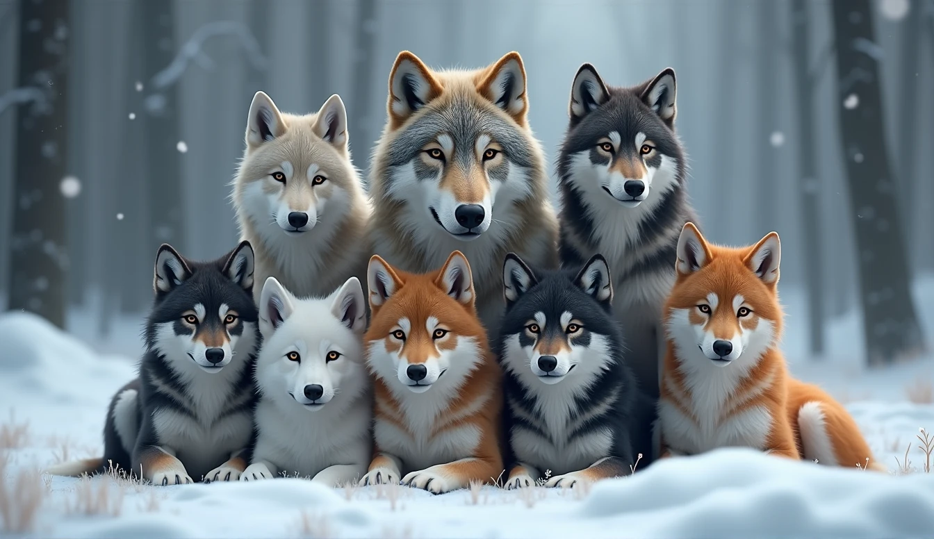 a hyper-realistic, photorealistic image of a stunning wolf family. The family includes a majestic father wolf, a graceful mother wolf, and 5 diferent wolf pups of various ages (each one in diferent sizes). Each wolf displays unique colors and fur patterns, They are all calmly gazing at the viewer, embodying a sense of tranquility and strength. The background features a softly blurred snowy forest, adding depth and a serene atmosphere. The wolves' fur is remarkably beautiful, capturing their natural elegance and power