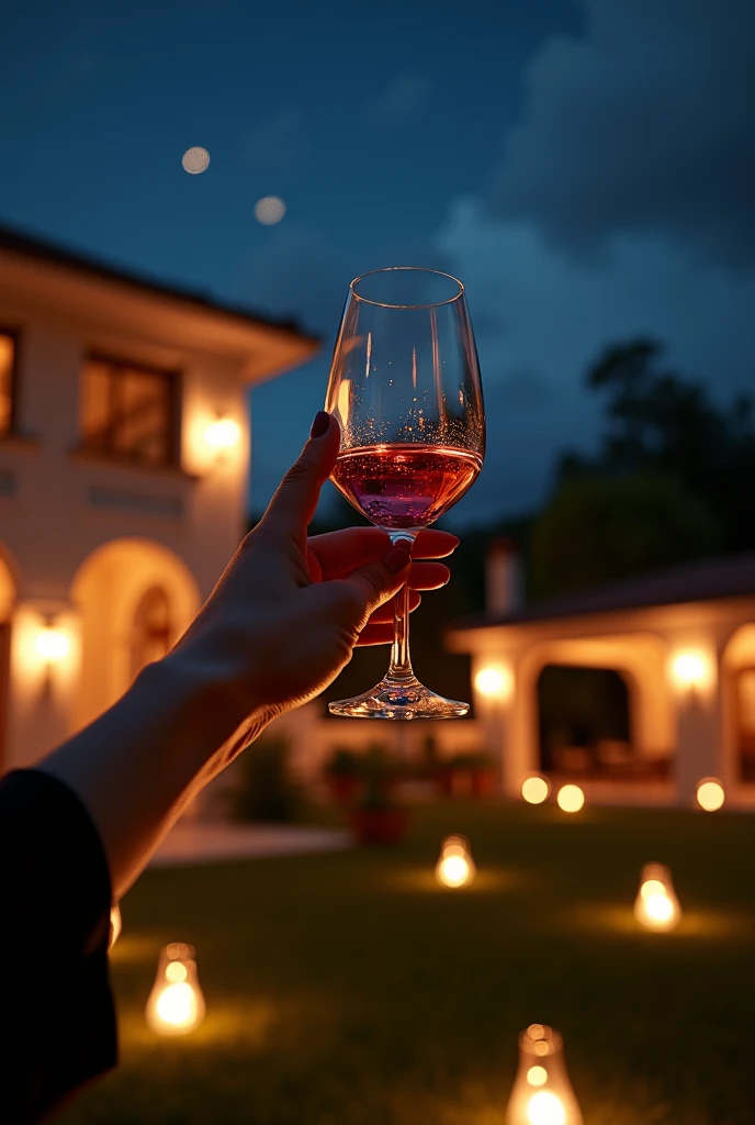 Parties，In the villa garden，美女的手拿起wine酒杯，Goblet close-up，On the rooftop，Night，reunion，Reception，wine，Wine glass close-up，Wine Tasting，Suit，High heel（Rich details），（Best quality），Film Style