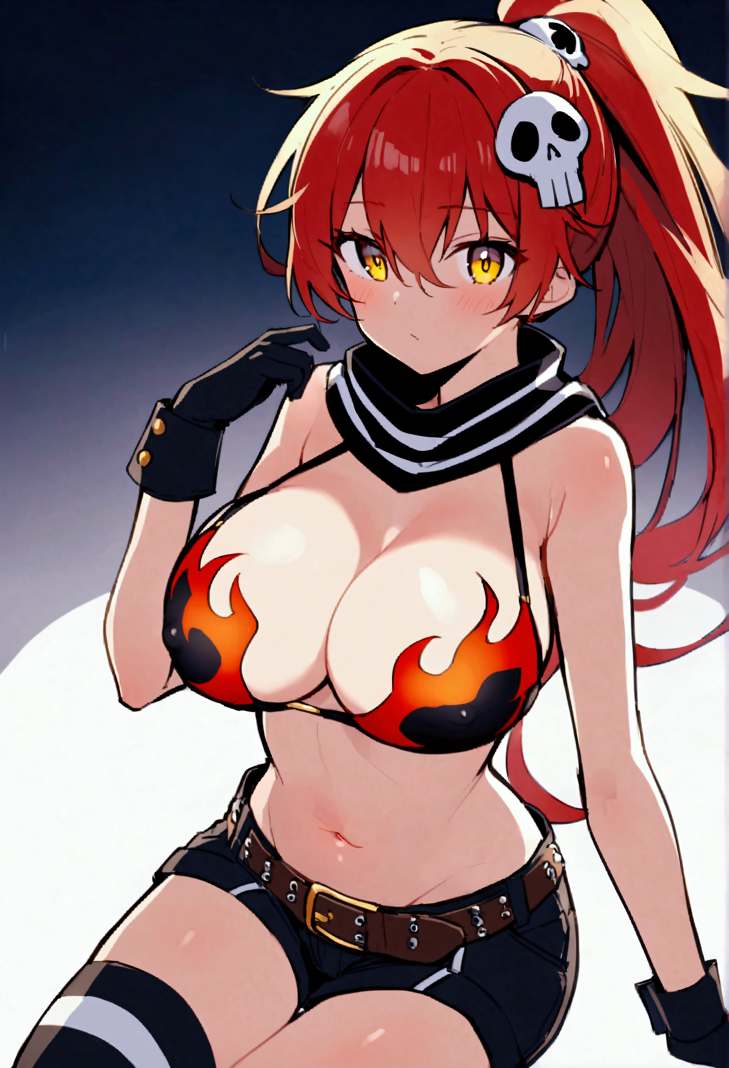 Yoko Littner、Hair between the eyes、hair ornaments、High Ponytail、Long Hair、Redhead、Side Lock、Skull hair ornament、Yellow Eyes、Big Breasts:1)、(Arm support、Shoulder Bare、belt、bikini、bikiniトップのみ、黒gloves、Black shorts、Cleavage、指なしgloves、Flame print、gloves、belly button、Upper body naked、ピンクのKnee socks、scarf、Shorts、Shorts、stripe、stripeのscarf、スタッズbelt、Swimwear、Knee socks、Underbust、White footwear、Wrist Cuffs:1)、Blake 1 girl、solo、、(Cowboy Shots:1.6)、(Dynamic Angle:1.4)、(dorsal position:1.3)、()、(Covered nipples:1)、(Erect nipples:0.8)、(Determined:1)、(Half-laugh:0.5)、(0ut3rsp4c3、star /(null/)、:1.2)、