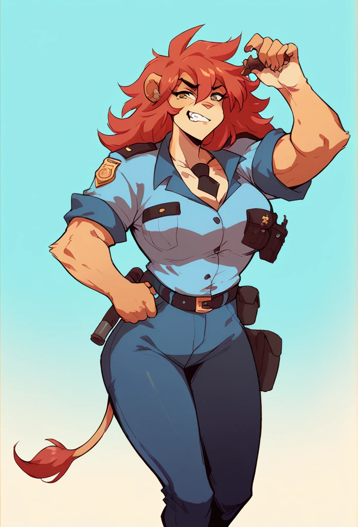 mature woman,muscular,spiky red hair, lion's ear,lion syrup, Police clothing.