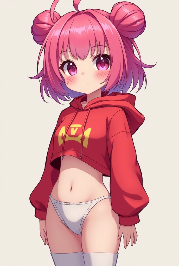 Femboy, red hoodie, booty shorts, pink eyes, pink hair, white thigh highs, a little chubby 