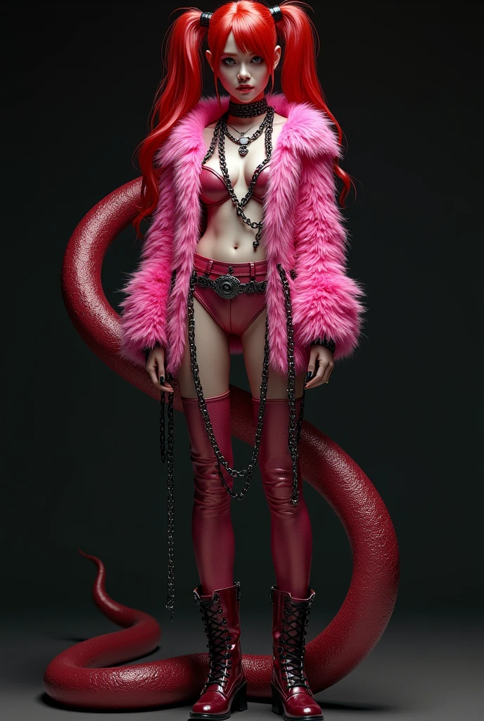 Red-haired snake woman,com penteado pigtails,with pink clothes and pink fur jacket,with chains and a gothic boot ,fully body,black backdrop,shiny outfit