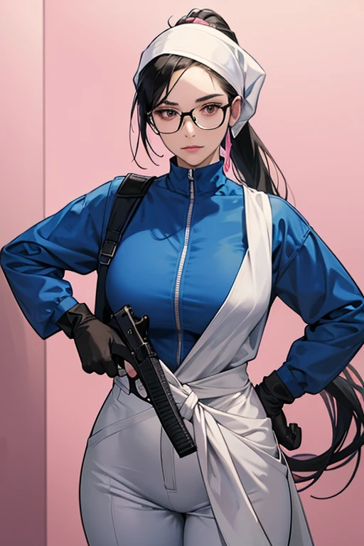 A mature woman with glasses and black hair tied up in a ponytail is wearing large pink rubber gloves, a white cloth wrapped around her head, a blue long-sleeved jumpsuit, and a submachine gun in the bathroom.