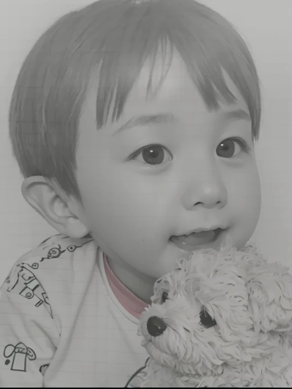 boy、A 3-year-old boy with a stuffed puppy、Generate fun and smiles。