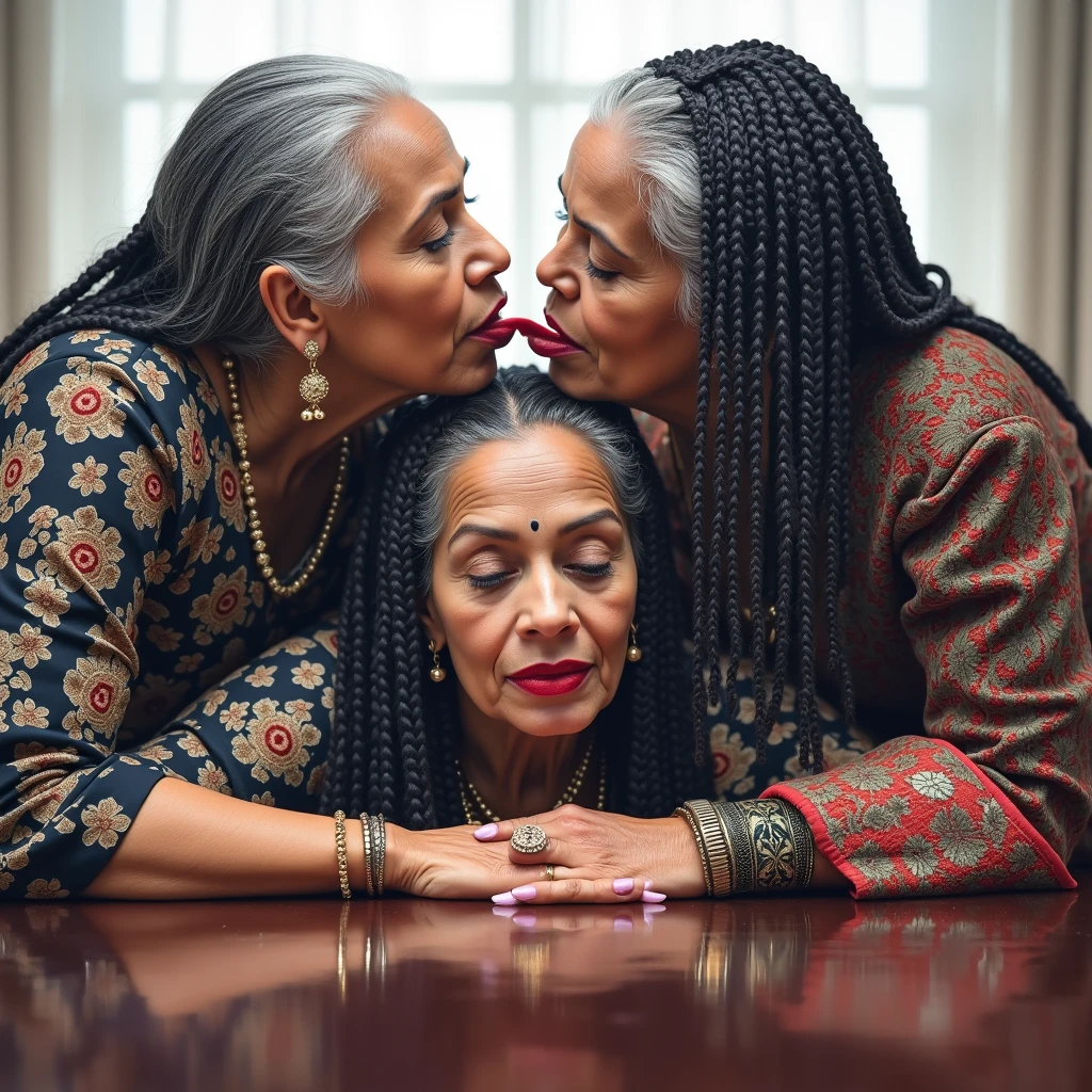in luxerius office items sorrounded bright lighted modern indian office,three 65 years old mature eldery indian ladies in root scalp perfect box braided hairs licking head root scalps of each others,one lady crawling on to of the table and other two ladies kneeled bend over exact on atop of the crawling lady ,red lipsstick,natural tongues out,licking the crawling lady' root scalp in tongue out,root scalp box braided hairs exact in image prompt,styled with 100000 liters hair oil,hairs like viscus oiled pulp,slick combed hair lines highly visible,{{{{{{Ladies wears perfect saree in perfectt busty}}}}}},{{{{{{NSFW}}}}},{{{{{Nudity}}}}},{{{{{{{{{{{Full Nude}}}}}}}}}}}}}}}},{{{{{{{all ladies in pefectly root scalp box braided}}}}}}},{{{{{{{{Hairs highly wet}}}}}}},{{{{{Hairs Drenched in oil}}}}}}}},{{{slick combed hair lines}}}}}},{{{{{Hairlines reflecting shinning like mirrors}}}}}},{{{{{{Showcase full bodies perfect figures}}}}}},{{{{{{{High resolution perfecr color grading}}}}}}}},{{{Perfect root scalp box braided hairs ladies exactly in image prompt}}}}}}},{{{{Not even one single hair piece spread out}}}}}}