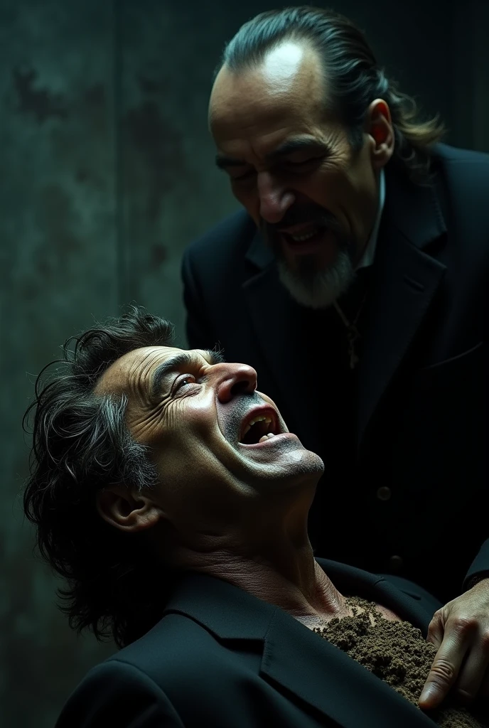 De Niro, with a look of despair and humiliation, being forced by Dafoe to produce poop in a dark and twisted ritual. The camera focuses on De Niro's expression, Capturing their anguish and shame.
Dafoe, On the other hand, revels in power and control, enjoying De Niro's humiliation. His presence is imposing and terrifying