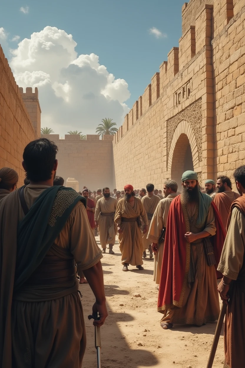 Biblical character Nehemiah rebuilding the walls with many people