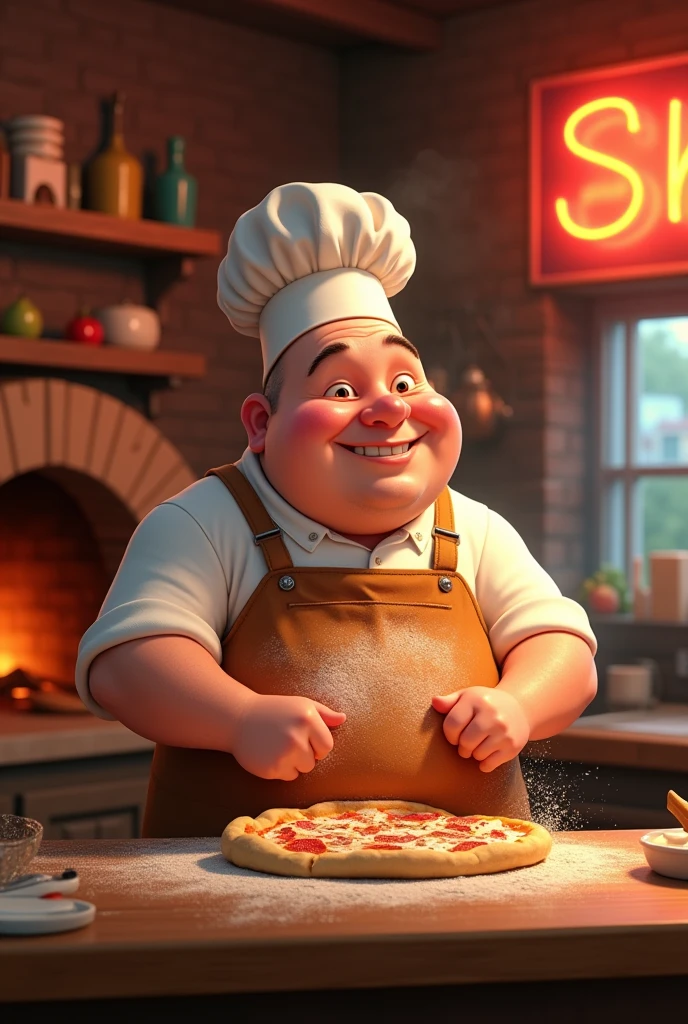 Pixar-style bald pizza maker 