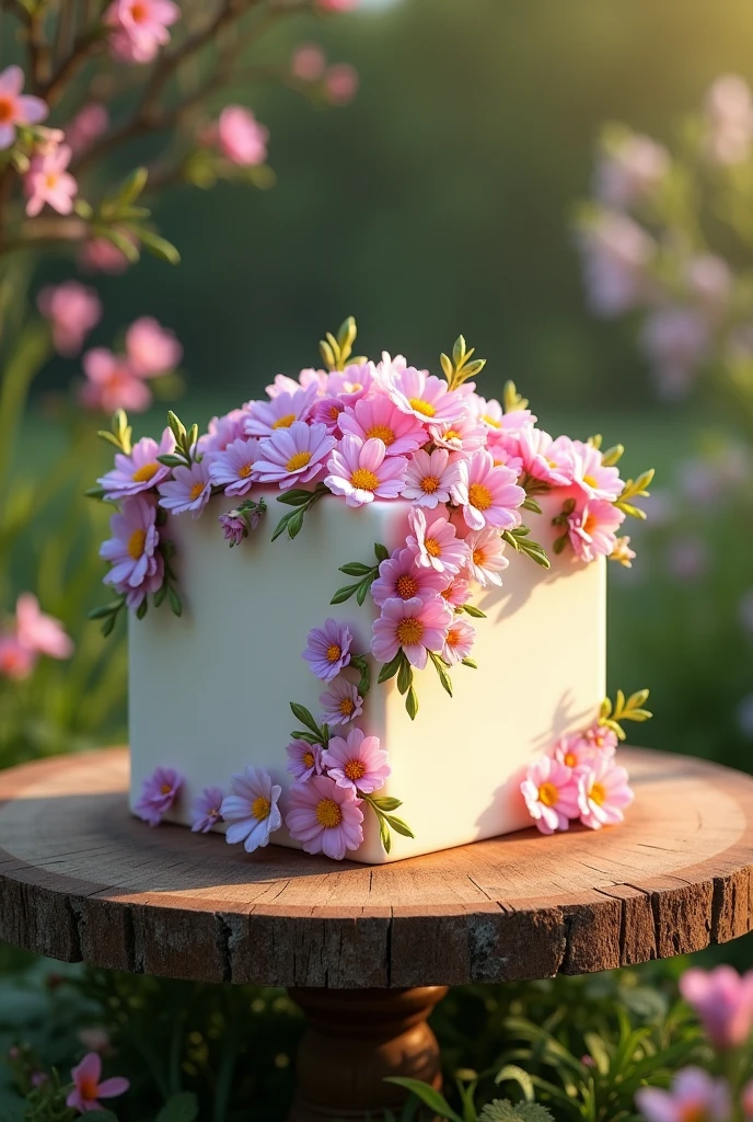 Cube-shaped cake covered in June flowers, on an outdoor table.