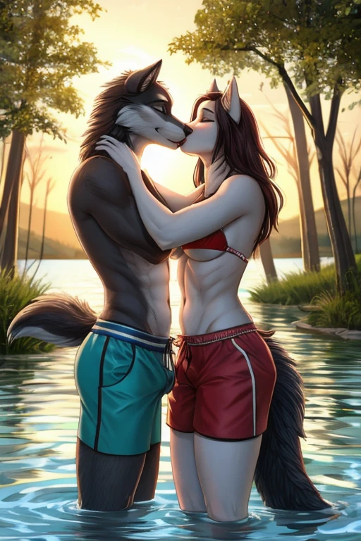 Forest wolf swim trunks kissing wolf bikini in lake