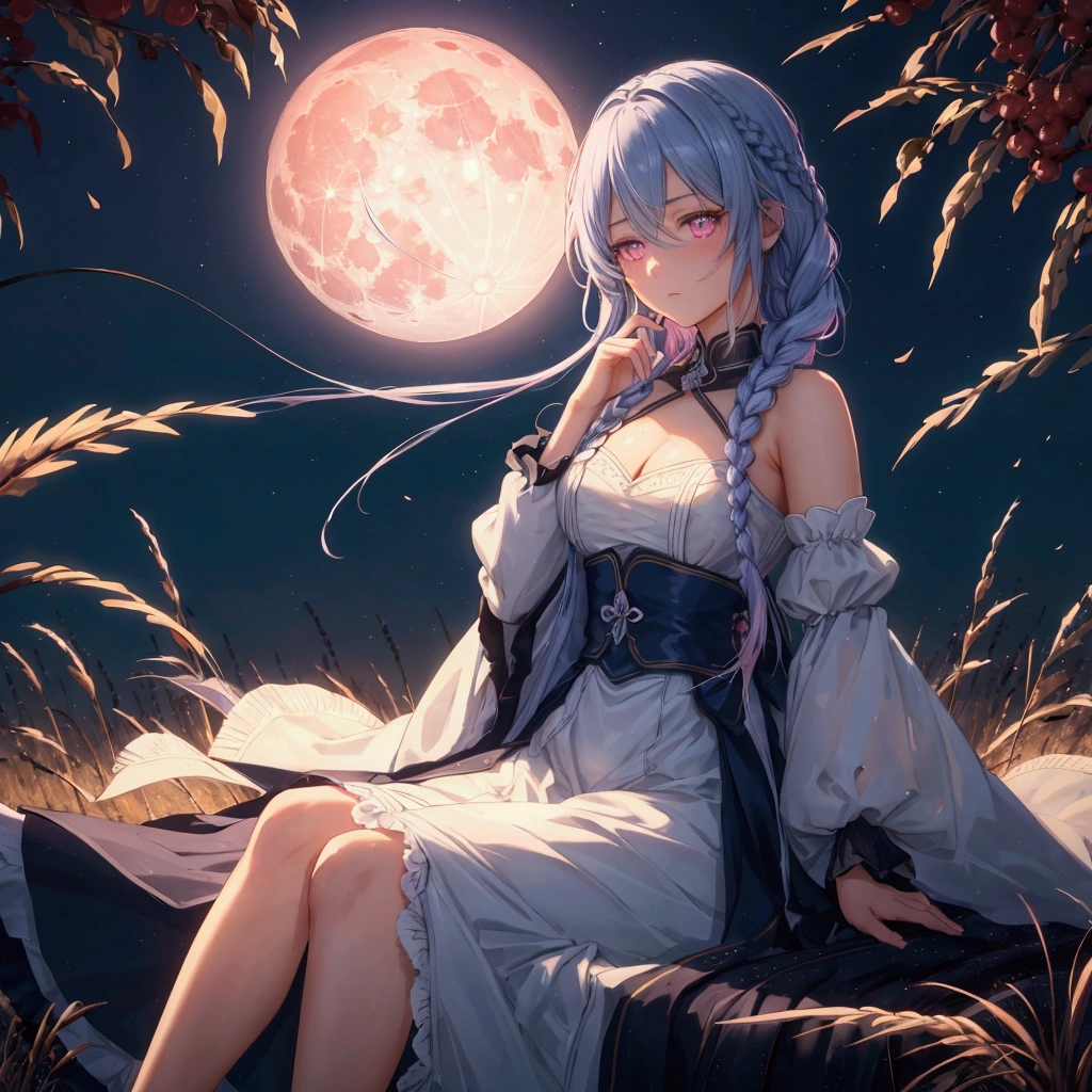 (Braiding),(Sky blue medium hair), (Pink eyes),(Fair skin)  ,(whole body),(One Girl),(harvest moon),(A large amount of Miscanthus sinensis in the background),autumn,(full moon),(masterpiece, Highest quality, Very detailed, Best Shadow), (Detailed Background), (Beautifully detailed face), High Contrast, (Best lighting, Very delicate and beautiful), ((Cinematic Light)), Hyper Detail,8k, Dramatic Light, Intricate details