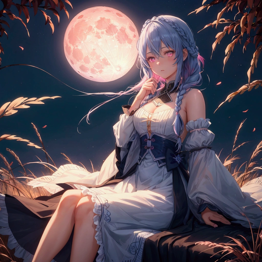 (Braiding),(Sky blue medium hair), (Pink eyes),(Fair skin)  ,(whole body),(One Girl),(harvest moon),(A large amount of Miscanthus sinensis in the background),autumn,(full moon),(masterpiece, Highest quality, Very detailed, Best Shadow), (Detailed Background), (Beautifully detailed face), High Contrast, (Best lighting, Very delicate and beautiful), ((Cinematic Light)), Hyper Detail,8k, Dramatic Light, Intricate details