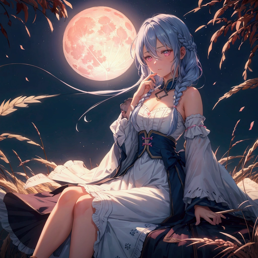 (Braiding),(Sky blue medium hair), (Pink eyes),(Fair skin) ,(whole body),(One Girl),(harvest moon),(A large amount of Miscanthus sinensis in the background),autumn,(full moon),(masterpiece, Highest quality, Very detailed, Best Shadow), (Detailed Background), (Beautifully detailed face), High Contrast, (Best lighting, Very delicate and beautiful), ((Cinematic Light)), Hyper Detail,8k, Dramatic Light, Intricate details