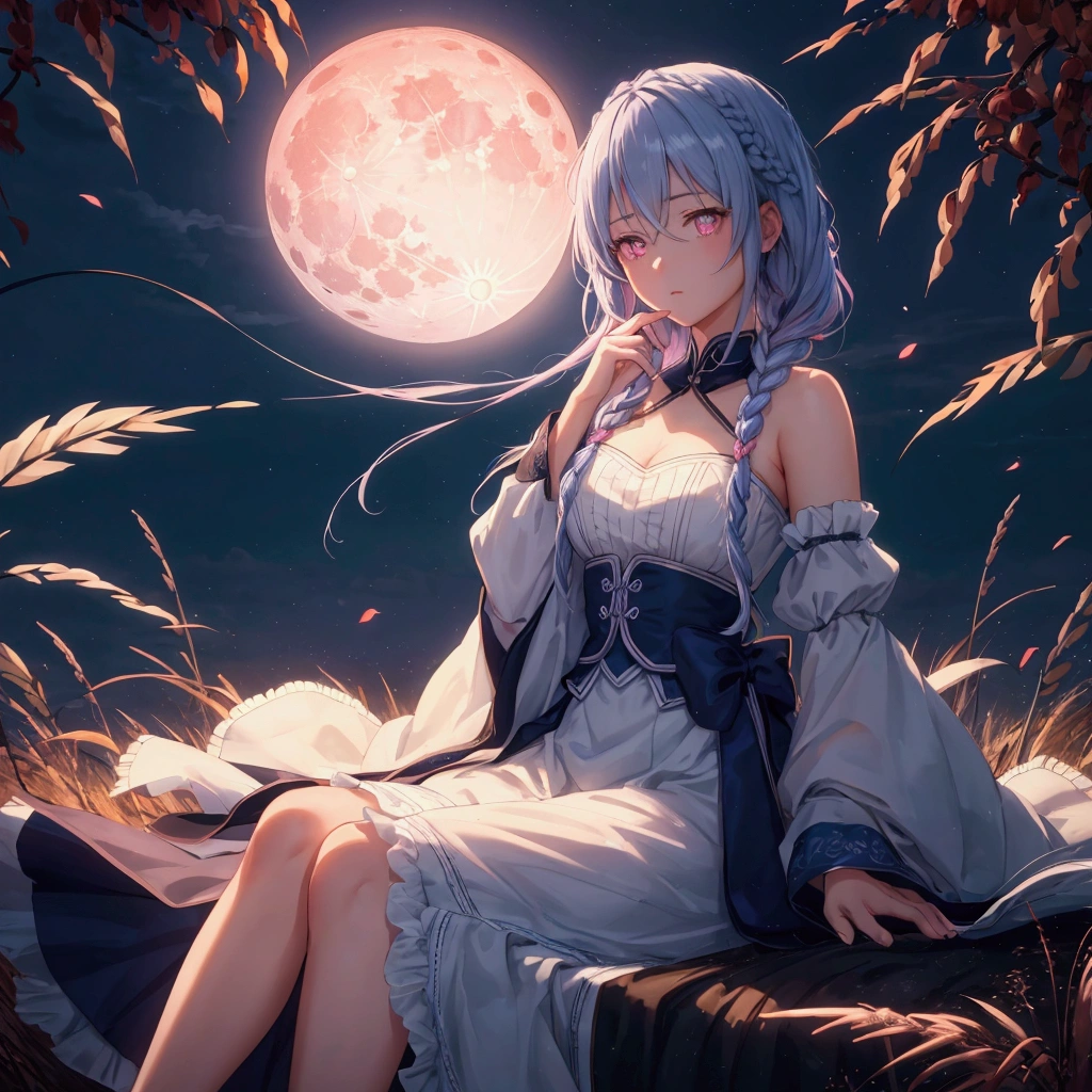 (Braiding),(Sky blue medium hair), (Pink eyes),(Fair skin)  ,(whole body),(One Girl),(harvest moon),(A large amount of Miscanthus sinensis in the background),autumn,(full moon),(masterpiece, Highest quality, Very detailed, Best Shadow), (Detailed Background), (Beautifully detailed face), High Contrast, (Best lighting, Very delicate and beautiful), ((Cinematic Light)), Hyper Detail,8k, Dramatic Light, Intricate details