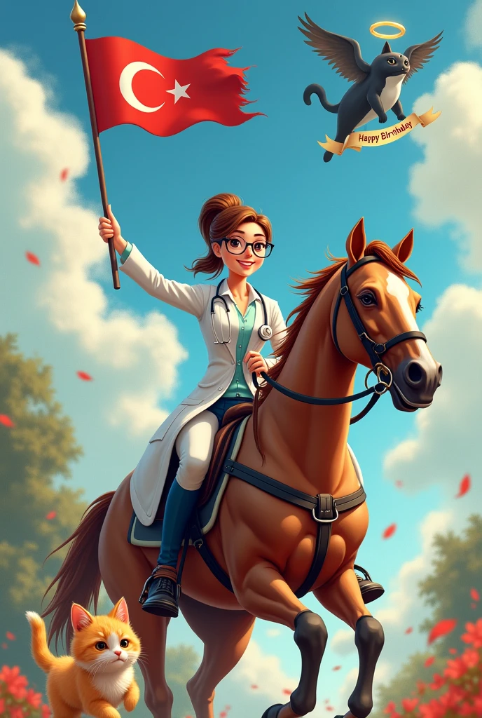 A female veterinary doctor dressed in lab coat. She wears glasses and is riding a horse while holding a Turkish flag in her other hand. A light yellow cat is running next to the horse. In the background there is a black cat with wings and a halo next to a shark playing the piano. There is a happy birthday banner above the shark.