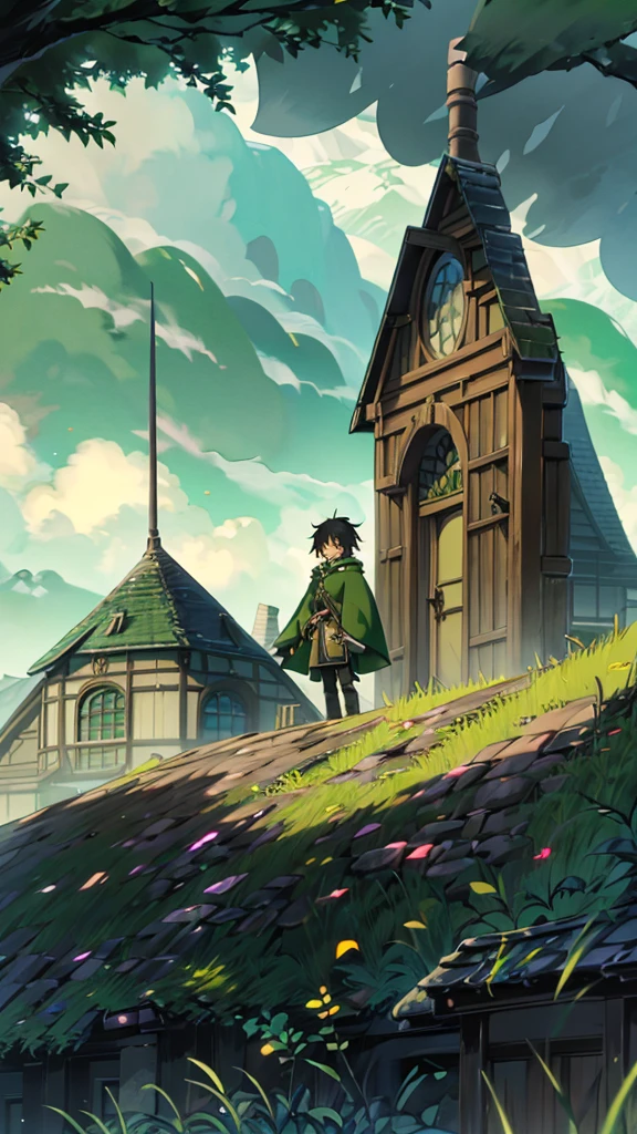 yuichiro hyakuya, (WithoutFear:1), 1 boy, black hair, green eyes, brown coat, gray armor, green shield, green cloak, dark brown gloves, town, white fur trim, tall, anime, standing, good quality, portrait, looking at viewer
