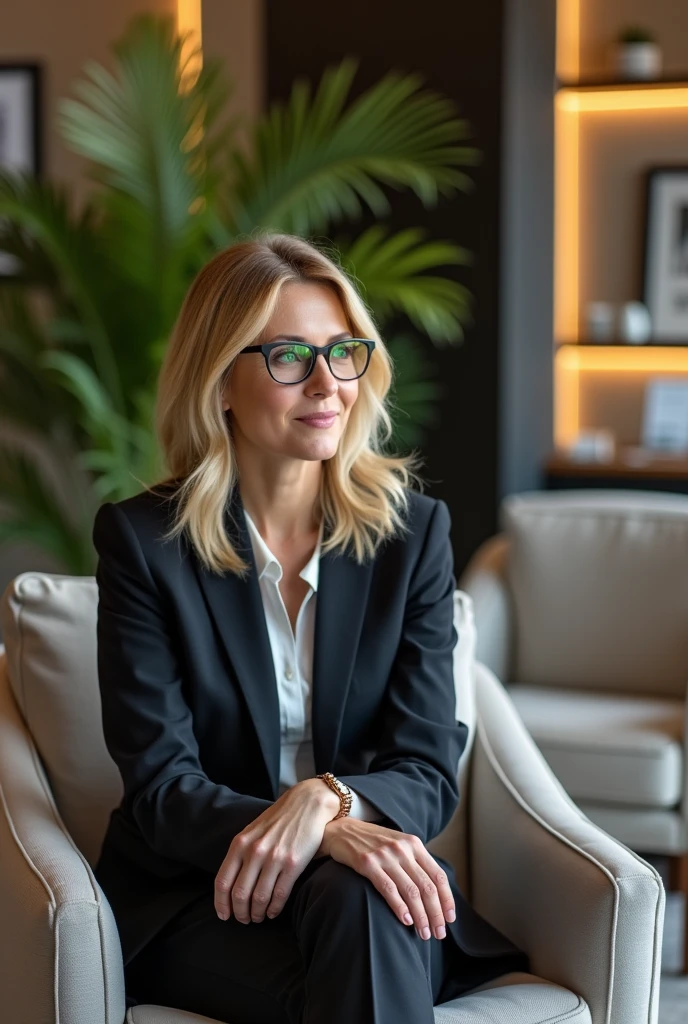 Create an image of a psychology office with a sign  "Mussoi Psychology". The environment is chic and has a comfortable armchair for the psychologist and another for the patient.. There is a stylish plant in the background.

The psychologist is a 45-year-old blonde woman, green-eyed, with shoulder length hair. she wears glasses, is wearing a suit and is sitting in the armchair, attending to a patient whose face is not visible. 