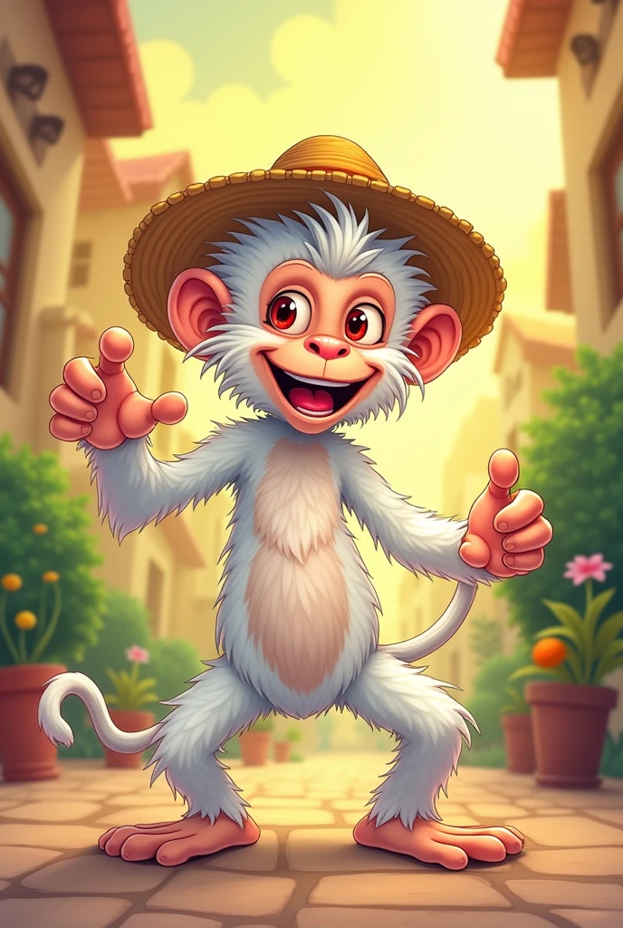 Make a smiling adult monkey with a straw hat and white fur, curly white hair, Red eyes, and which has the power to stretch, in the classic cartoon style with Looney Tunes or Poca Pau