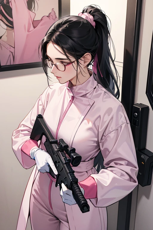 A mature woman with glasses and black hair tied up in a ponytail is wearing large pink rubber gloves, a white cloth wrapped around her head, a blue long-sleeved jumpsuit, and a submachine gun in the bathroom.